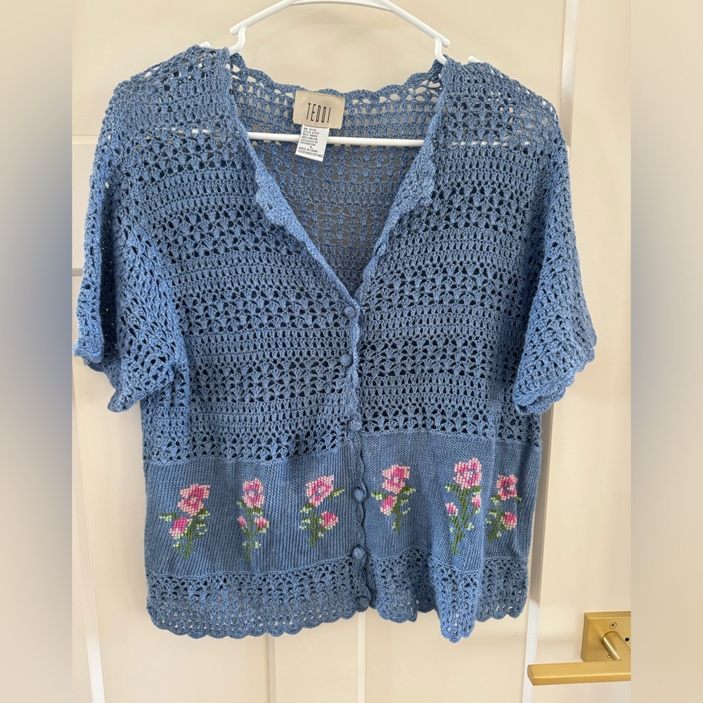 Teddy vintage knit shirt large blue floral cottage